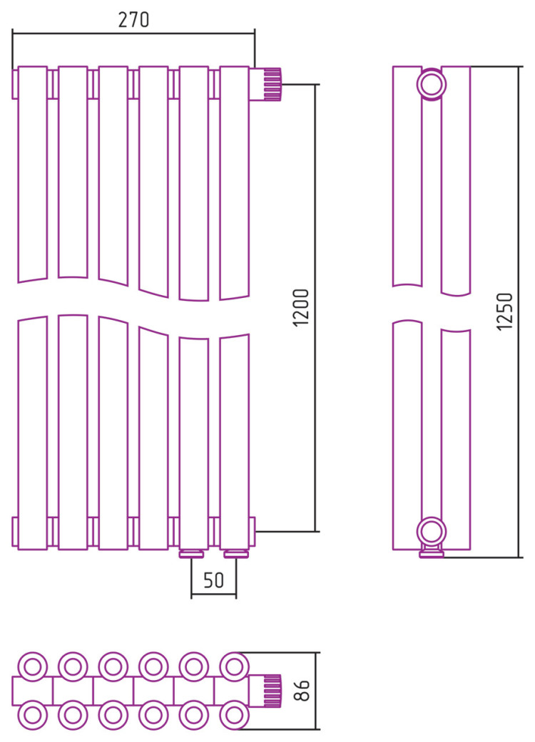 Отопительный радиатор Сунержа Эстет-00 EU50 1200х270 6 секций Матовое золото