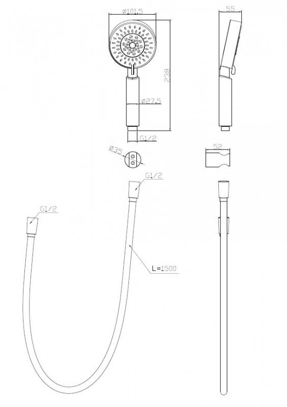 Ручной душ пятирежимный со шлангом PVC 150 см и держателем Cezares BB-DFS-5-CRM