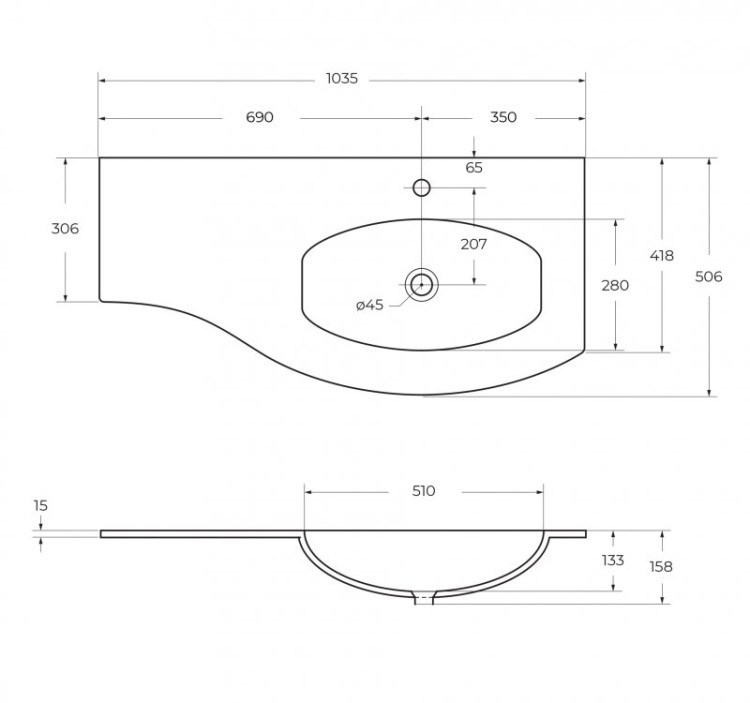 Раковина из искусственного мрамора, чаша слева, 104x52x1,6 Cezares 50153