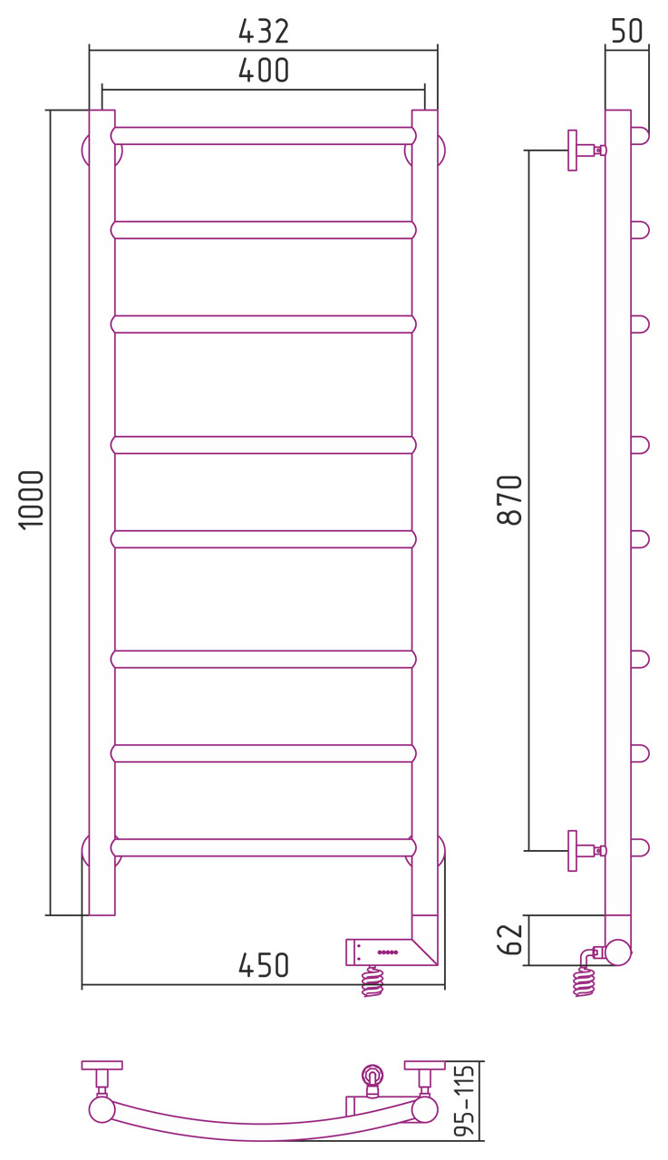 Полотенцесушитель электрический Сунержа Галант 2.0 1000х400 МЭМ правый Матовый чёрный