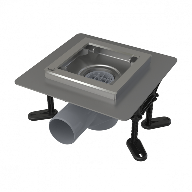 Сливной трап из нержавеющей стали 130×130 мм боковой сток, без pешетки, гидрозатвор мокрый Alcadrain APV130