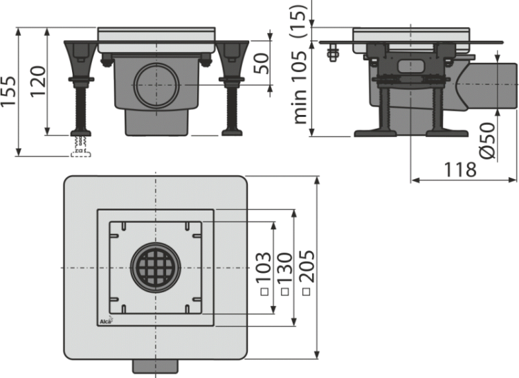 Сливной трап из нержавеющей стали 130×130 мм боковой сток, без pешетки, гидрозатвор мокрый Alcadrain APV130