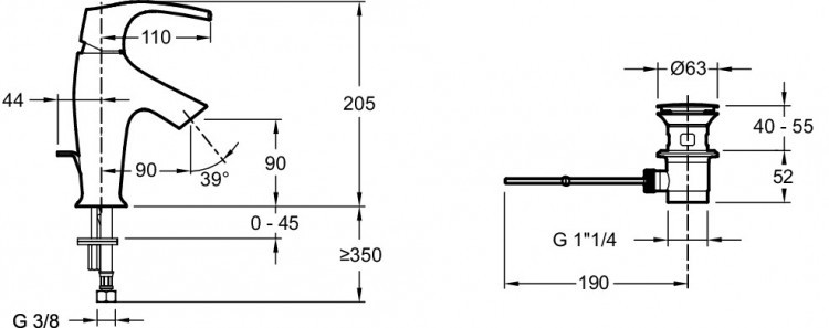 Смеситель на одно отверстие с донным клапаном Jacob Delafon SYMBOL E72680-CP