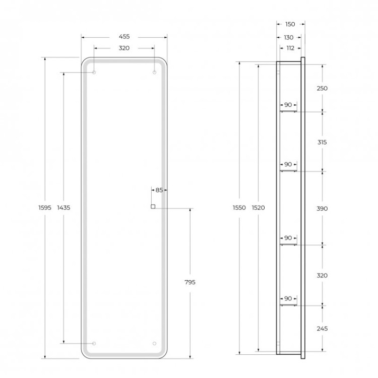 Зеркальный шкаф с одной распашной дверью, с четырьмя стеклянными полками, со встроенной подсветкой и сенсорным выключателем, 12W, 220-240V BelBagno SPC-MAR-450/1600-1A-LED-TCH