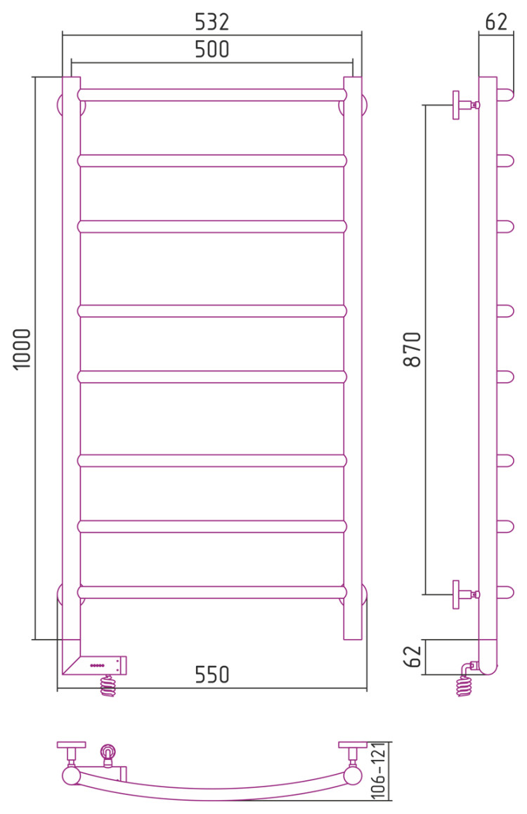 Полотенцесушитель электрический Сунержа Галант 2.0 1000х500 МЭМ левый Без покрытия