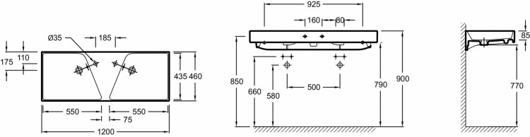 Двойная подвесная раковина-столешница 120 х 46 см, гладкая нижняя поверхность Jacob Delafon RYTHMIKEXM112-Z-00