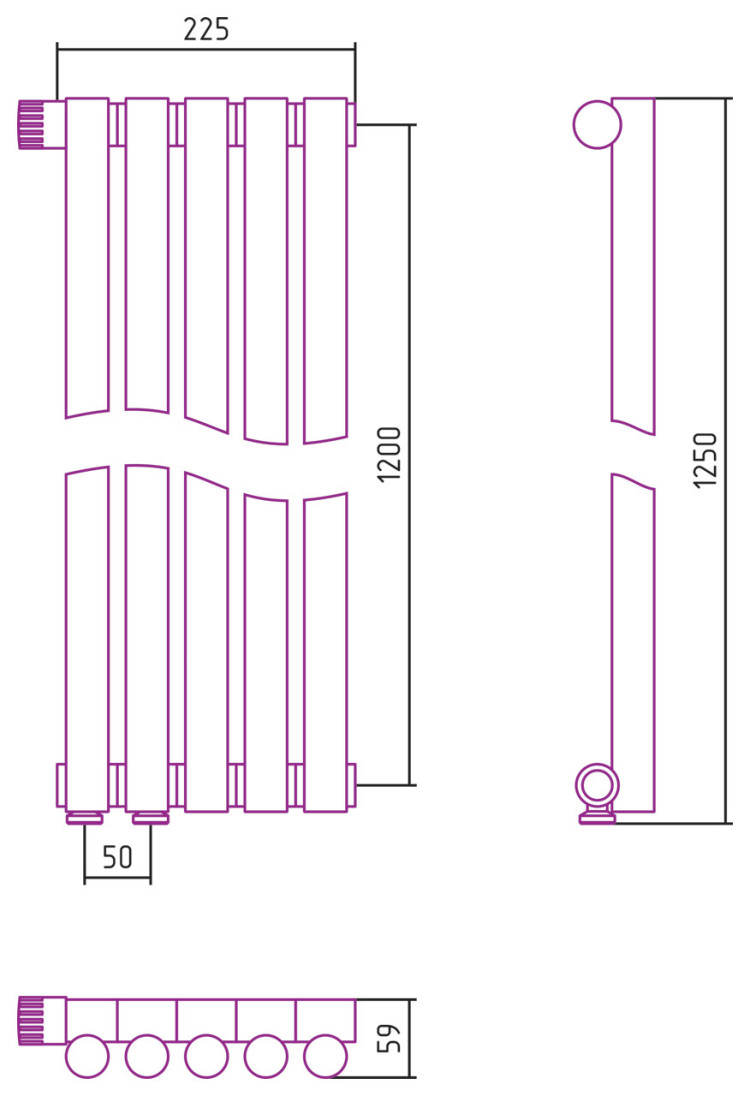 Отопительный радиатор Сунержа Эстет-1 EU50 левый 1200х225 5 секций Тёмный титан муар
