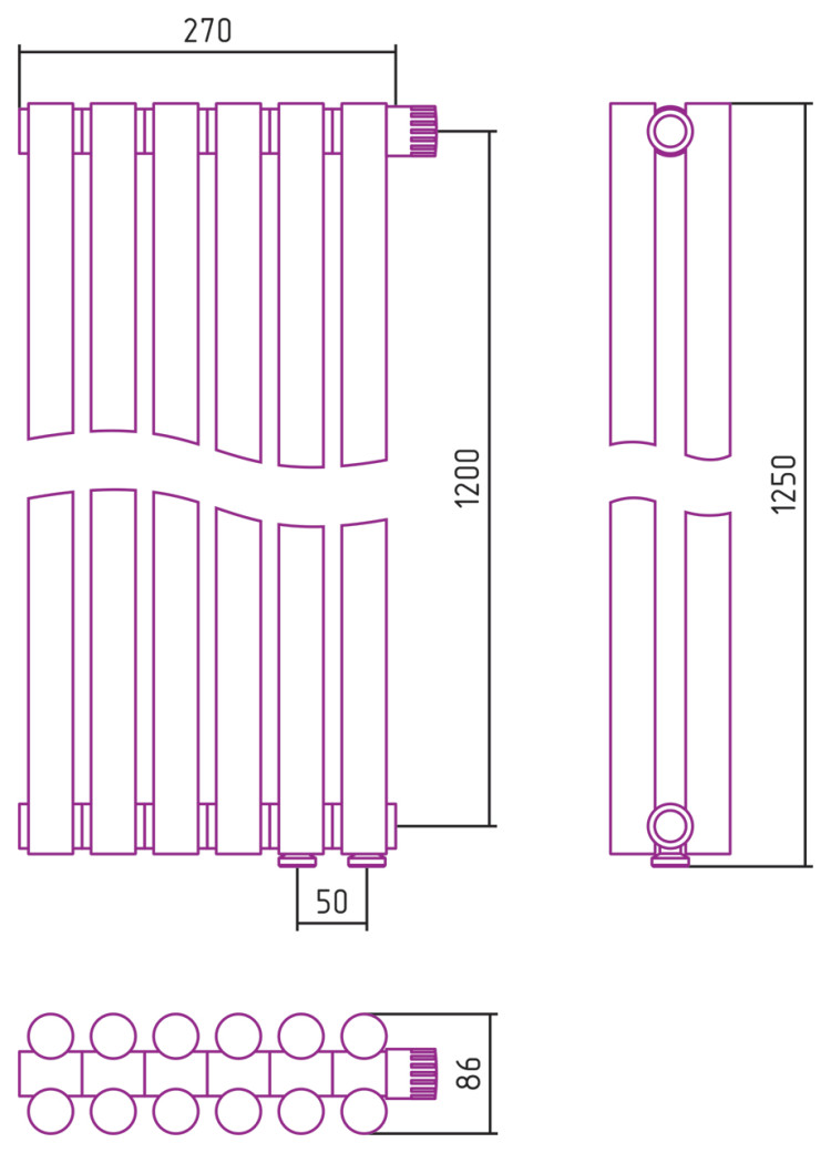 Отопительный радиатор Сунержа Эстет-11 EU50 1200х270 6 секций Сатин