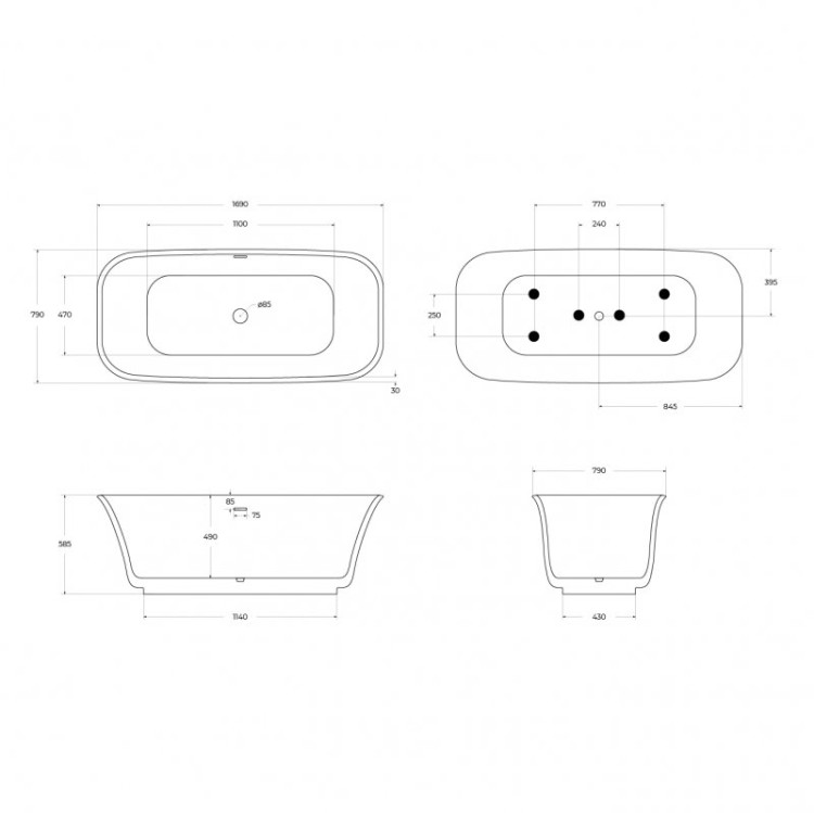 Отдельностоящая, прямоугольная акриловая ванна DUE в комплекте со сливом-переливом Cezares BB702-1700-800-K