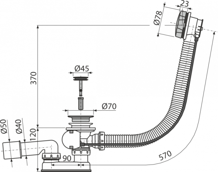 Сифон для ванны автомат комплект, NICKEL-глянец Alcadrain A55K-N-P