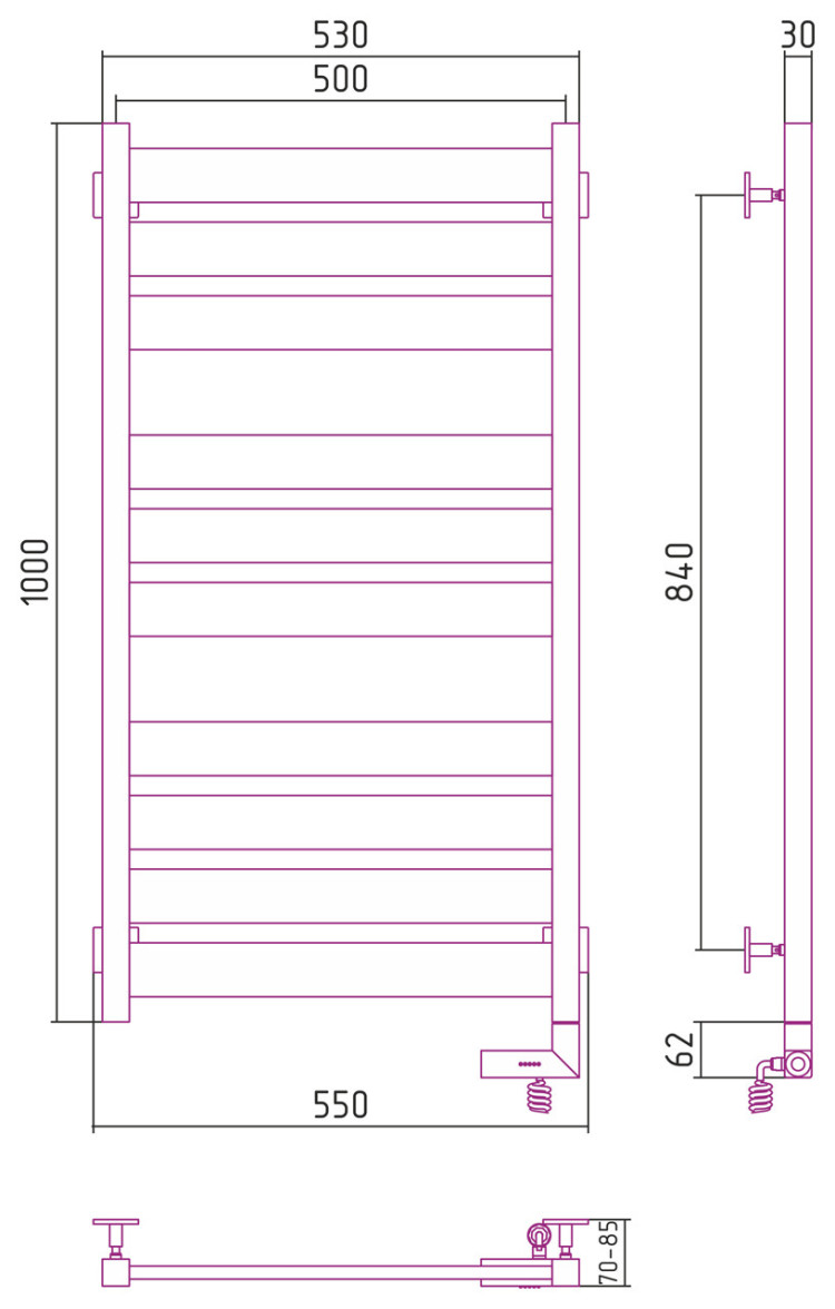 Полотенцесушитель электрический Сунержа Центурион 2.0 1000x500 МЭМ правый Тёмный титан муар
