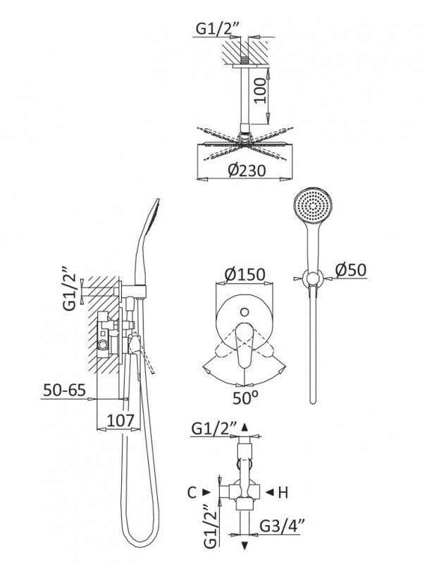 Душевая система с дивиатором для верхнего и ручного душа, потолочный верхний душ из ABC Cezares CZR-B-DSIS-NOP