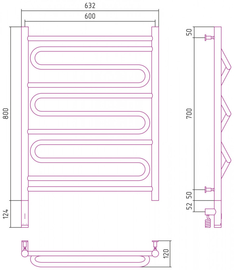 Полотенцесушитель электрический Сунержа Элегия 3.0 800х600 МЭМ левый Тёмный титан муар
