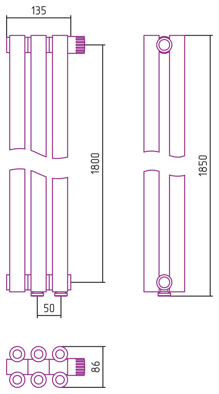 Отопительный радиатор Сунержа Эстет-00 EU50 1800х135 3 секции Сатин