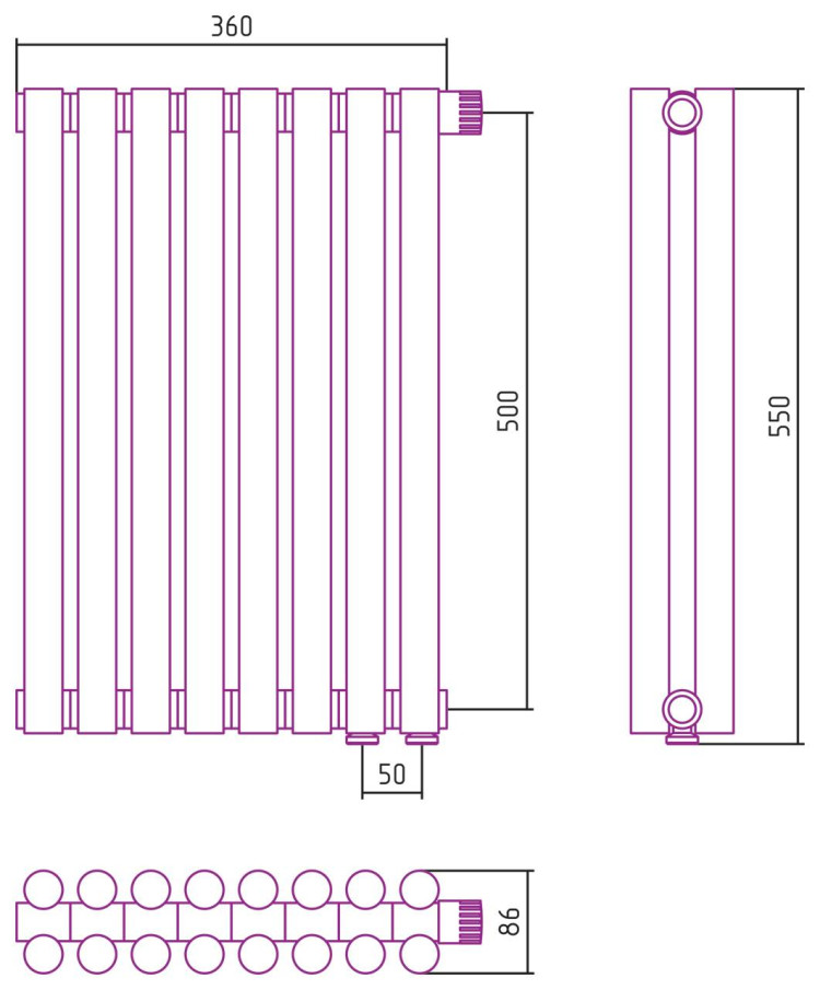 Отопительный радиатор Сунержа Эстет-11 EU50 500х360 8 секций Тёмный титан муар