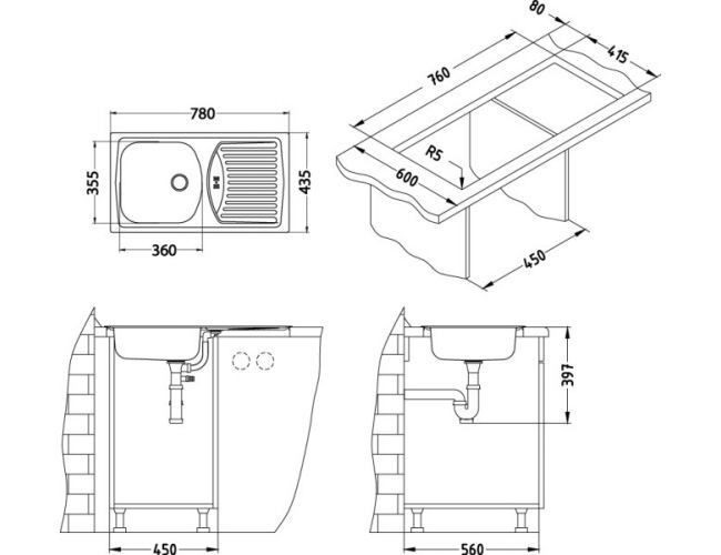 Мойка BASIC 150 NAT-90 NEW 780X435 в комплекте с сифоном 1130543,